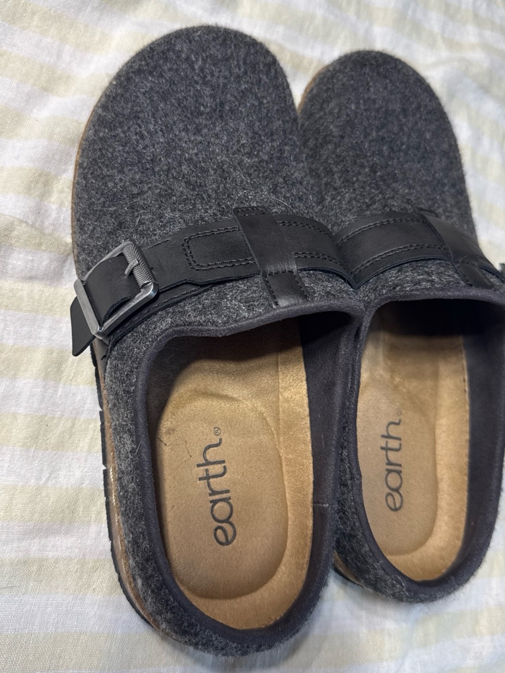 Earth Gray Felt Clog Mules with Buckle Strap